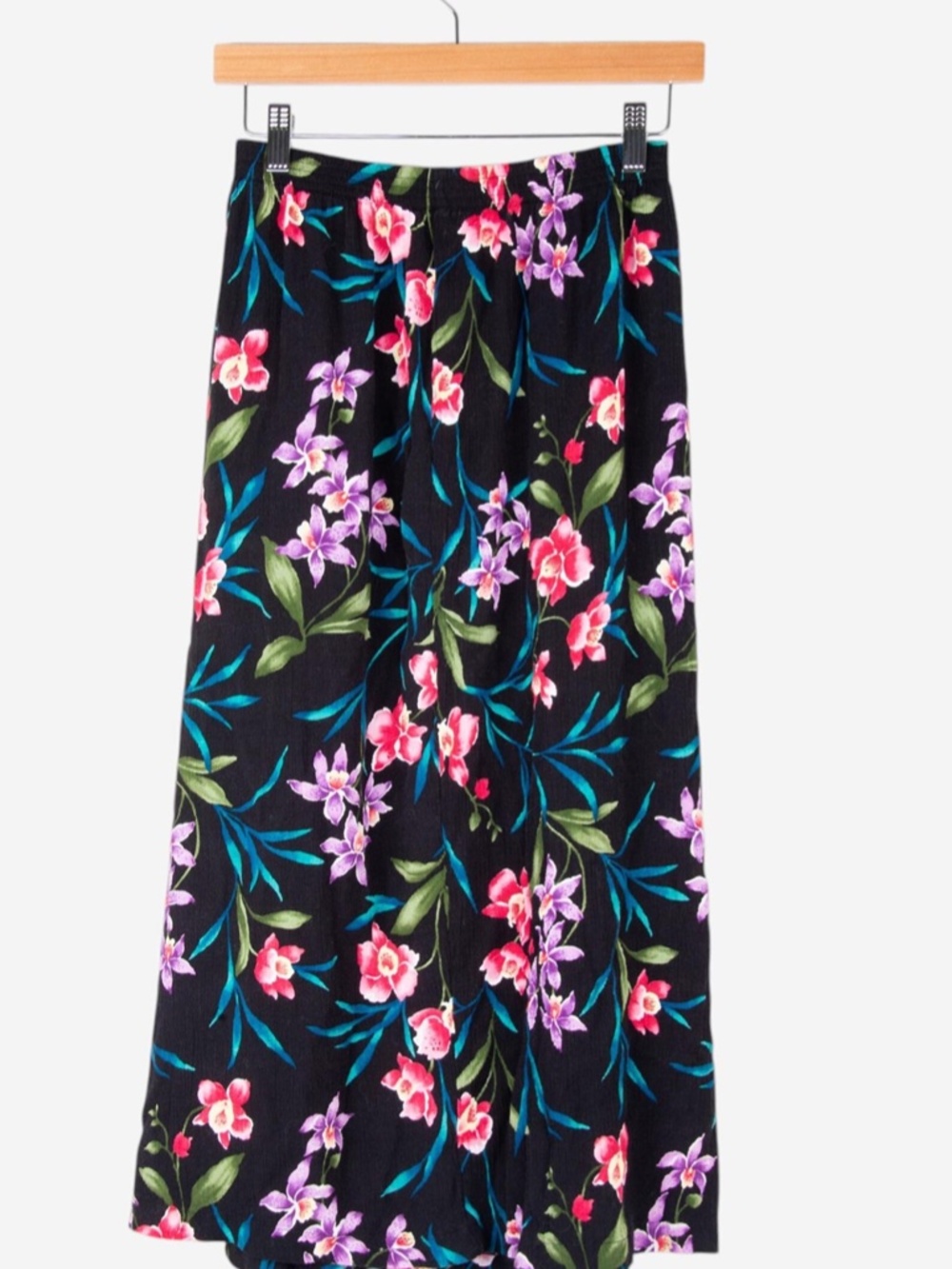vintage 90s black tropical floral rayon gauze broomstick maxi skirt - Picture 3 of 4